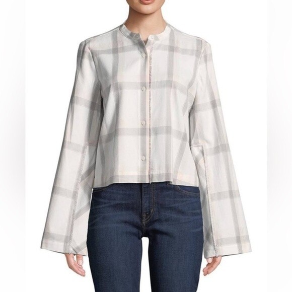 Derek Lam 10 Crosby Women's‎ Cream & Pink Plaid Cropped Button-Down Shirt Large - Picture 1 of 7